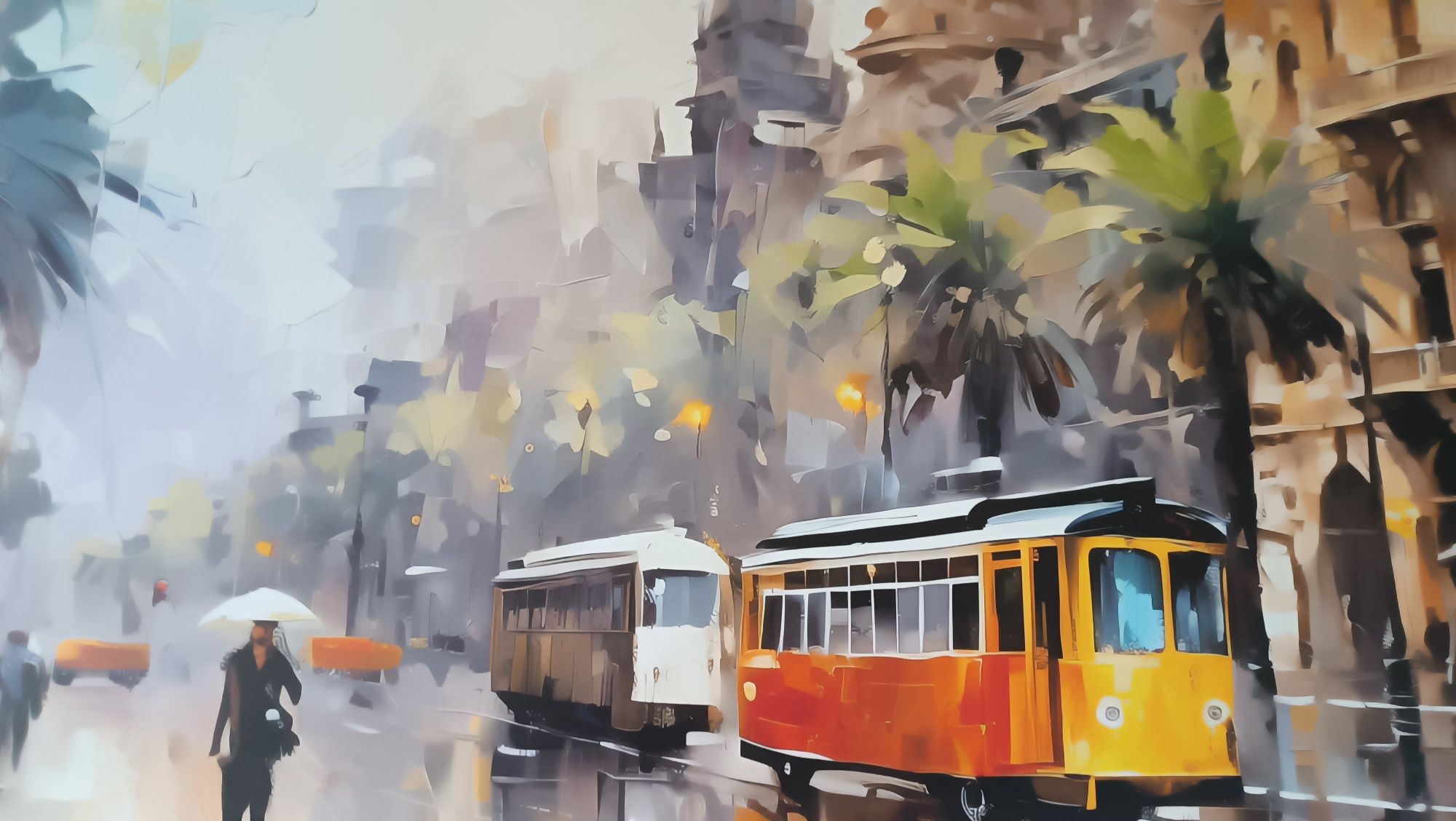 Obraz na płótnie 120/50 klimatyczna ulica z tramwajem