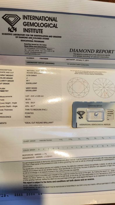 Duży okazały BRYLANT DIAMENT do pierścionka zaręczynowego 0.75 ct