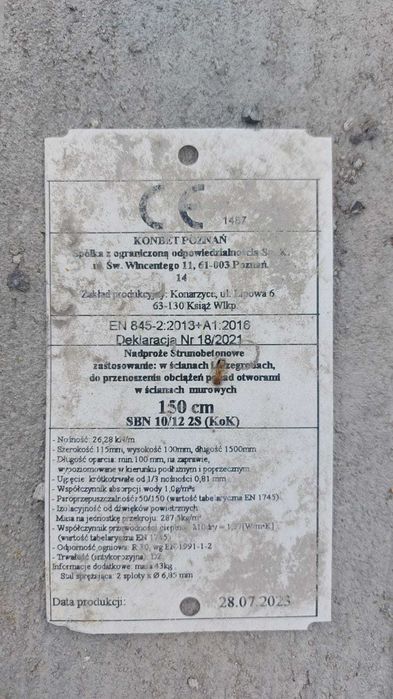 Nadproża strunobetonowe SBN 1.2 mb – 4.2 mb, belki 120 cm do 420 zł,