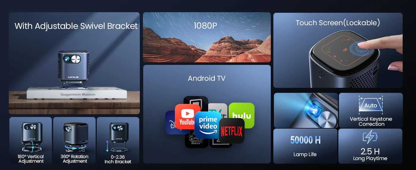 Mini projetor DLP, Android TV WiFi Bluetooth, Full HD 1080P WiMiUS