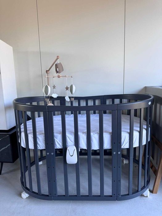 Owalne łóżeczko 7w1 z materacem - Grafitowe WALDIN + materac