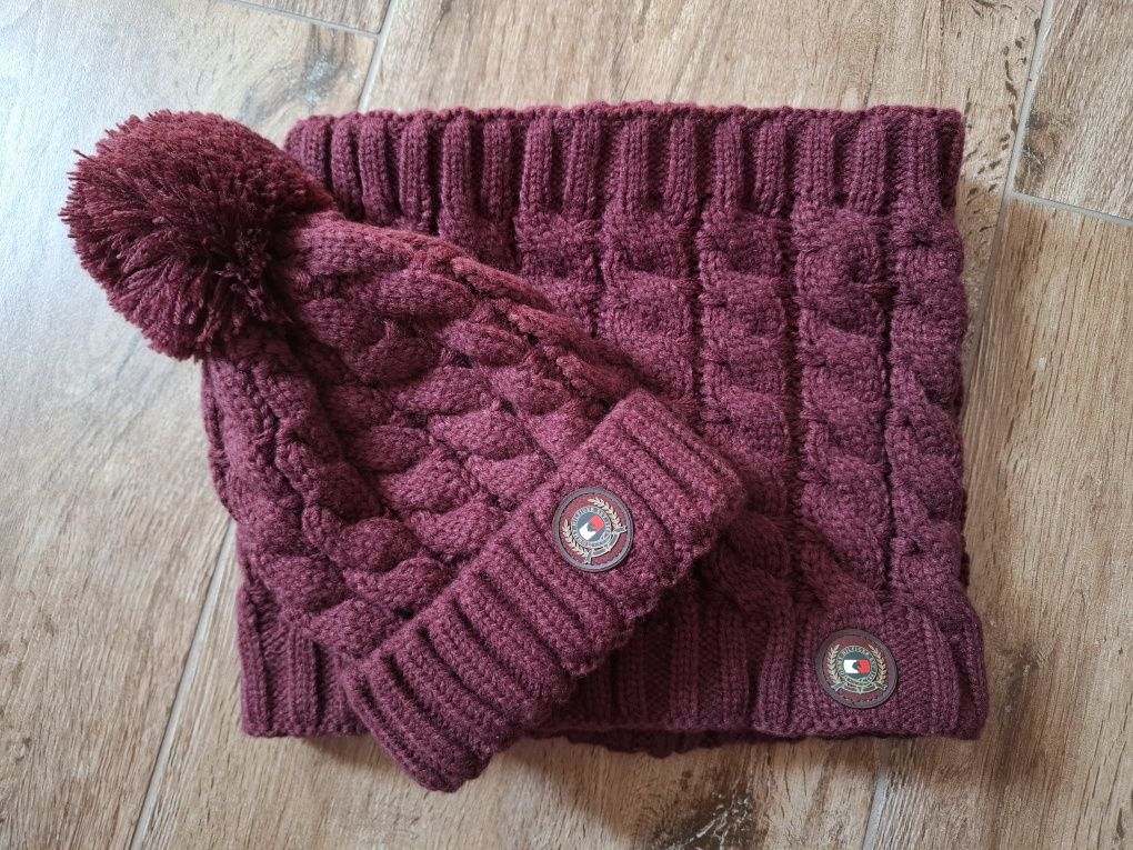 Czapka z pomponem + komin damski bordo bordowy Tommy Hilfiger