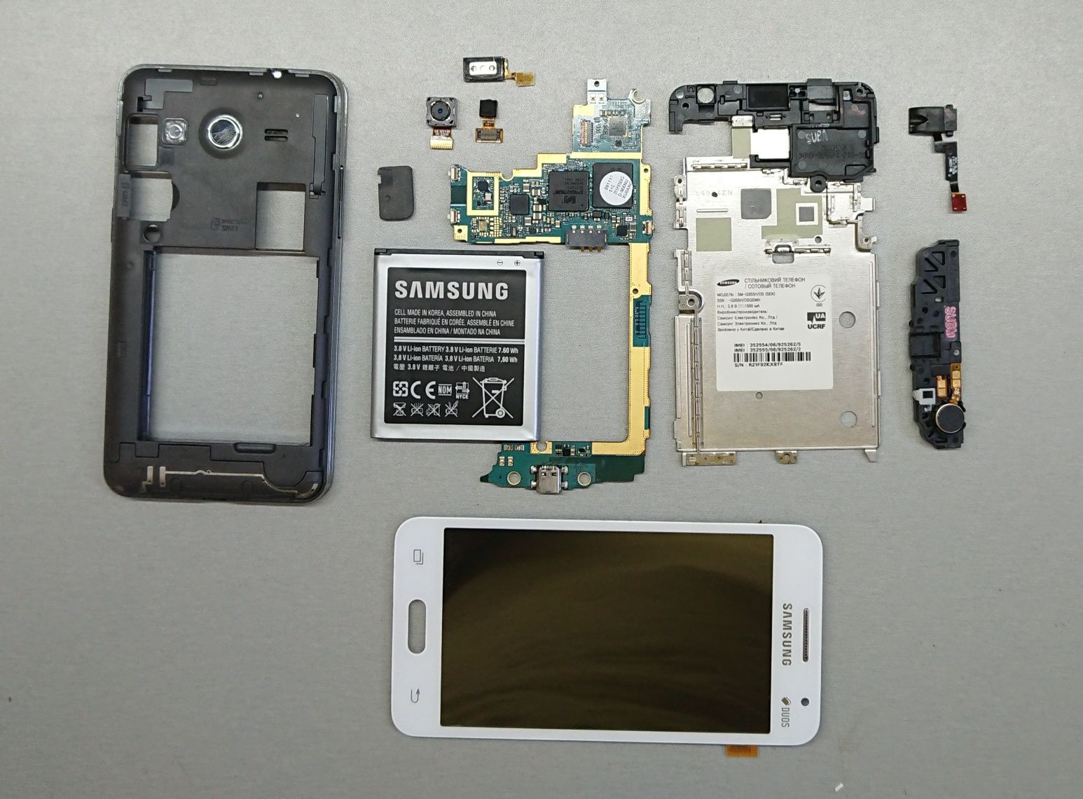 Samsung G355 Core 2.Разборка Динамик, батарея, дисплей, сенсор, каме