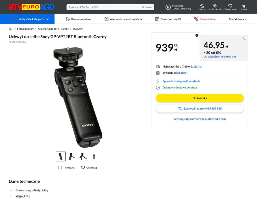 SONY GP-VPT2BT Uchwyt statyw Bluetooth z Pilotem do Aparatu. Stan BDB