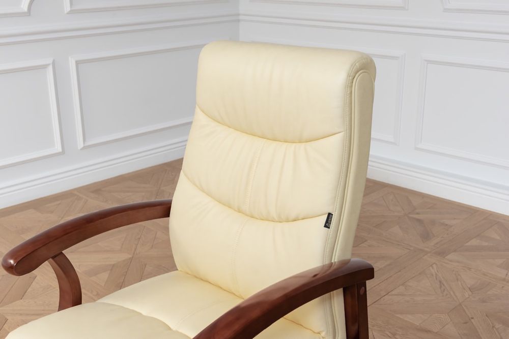NOWE krzesło biurowe, kremowe, skóra naturalna, drewno, wyprze. okazja
