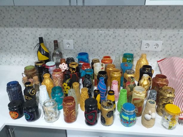 Vidro decorado à mão: conj 58 frascos
