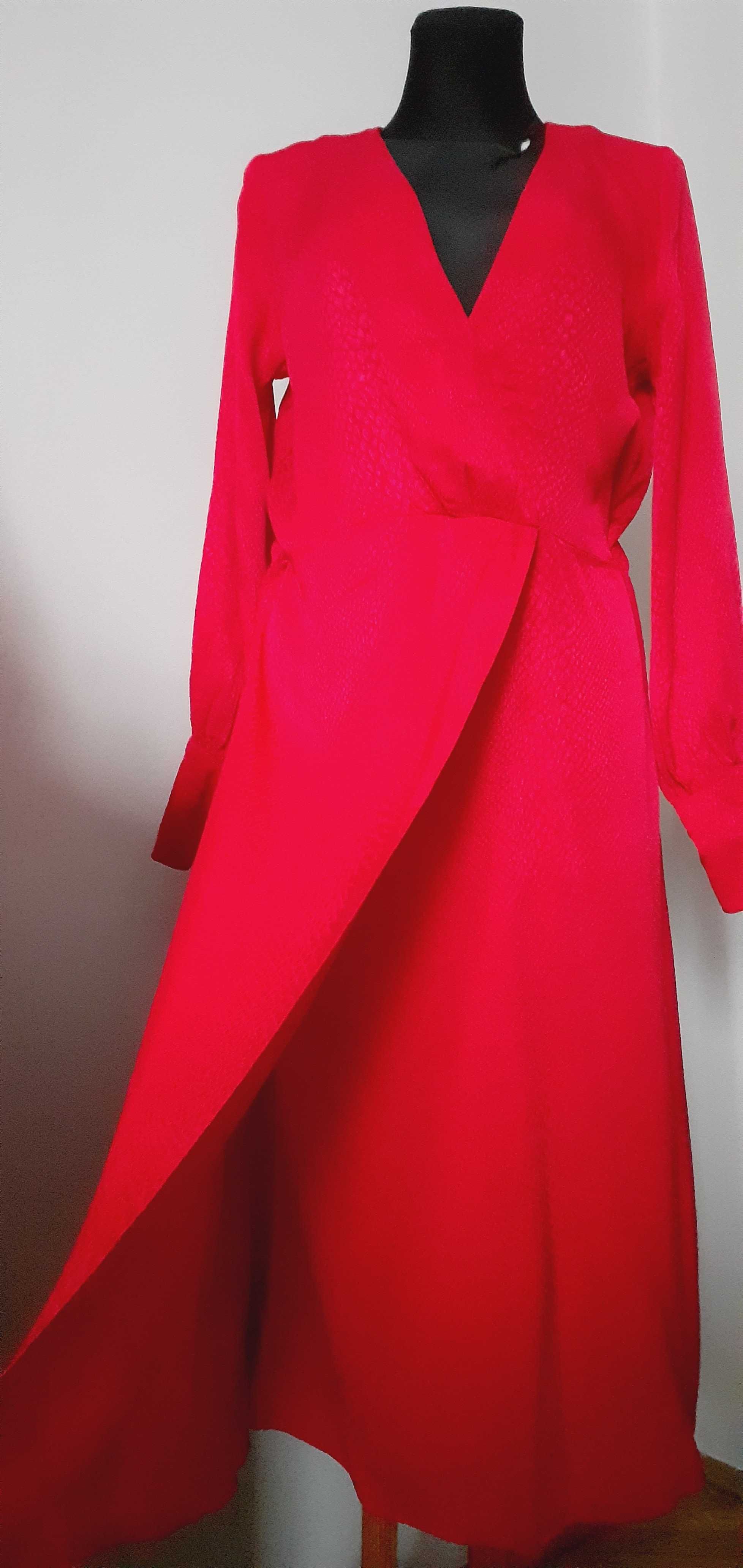 Sukienka elegancka długa z dł rękawem czerwona H&M