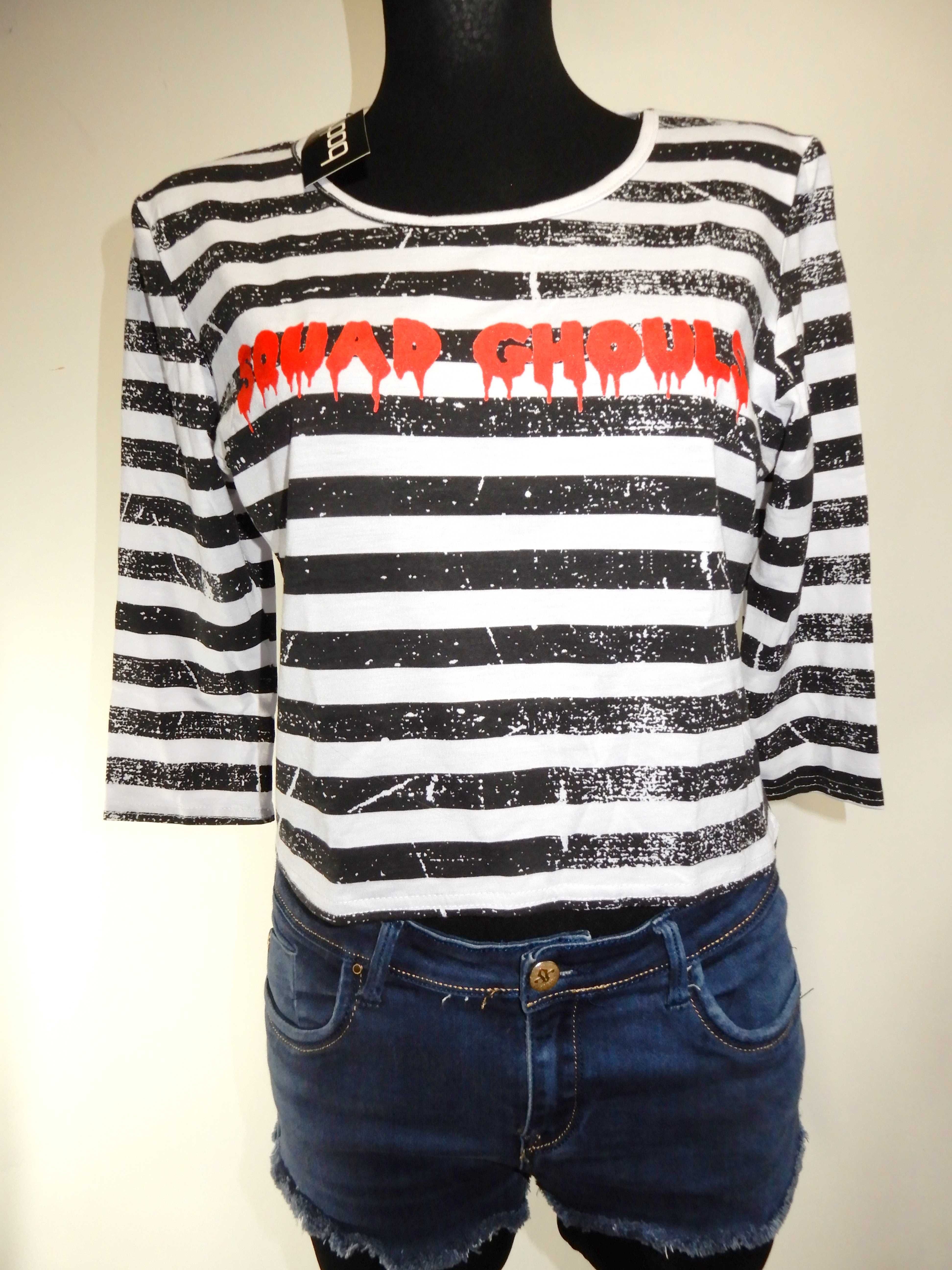 Crop top bluzka krótka paski biała Squad Ghouls paski napisy Boohoo 38