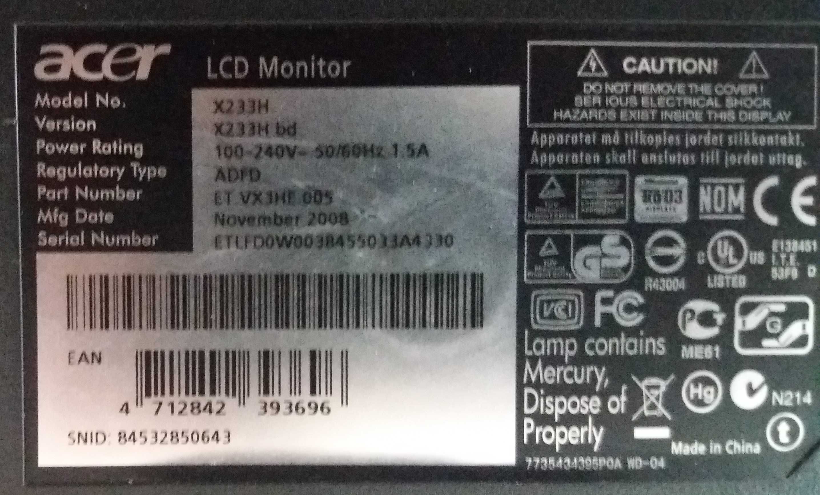 Monitor Acer 23" modelo X233H - Impecável