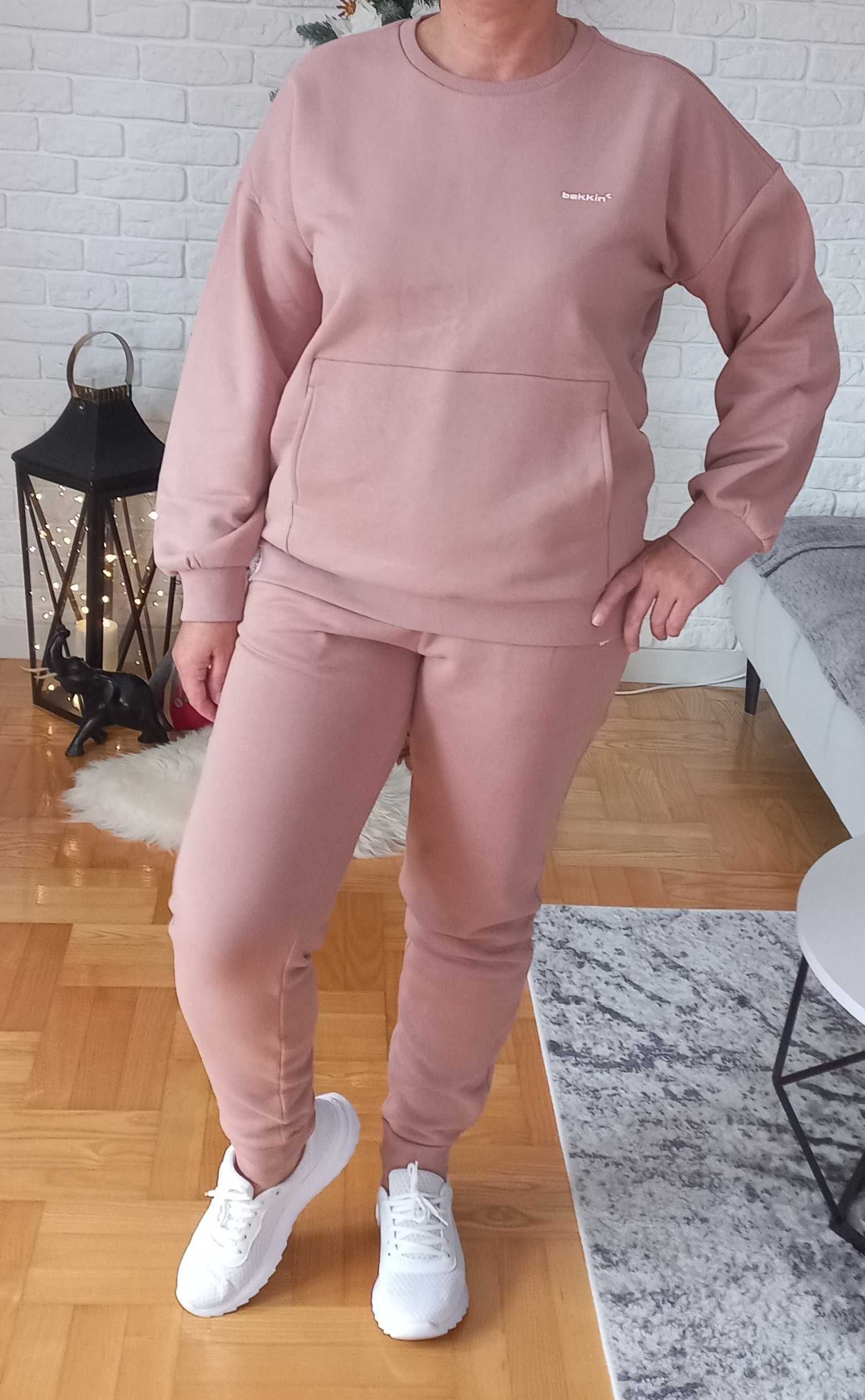 Damski DRES 2części r.M/L ocieplony, bawełna j.NOWY pudrowy róż / beż