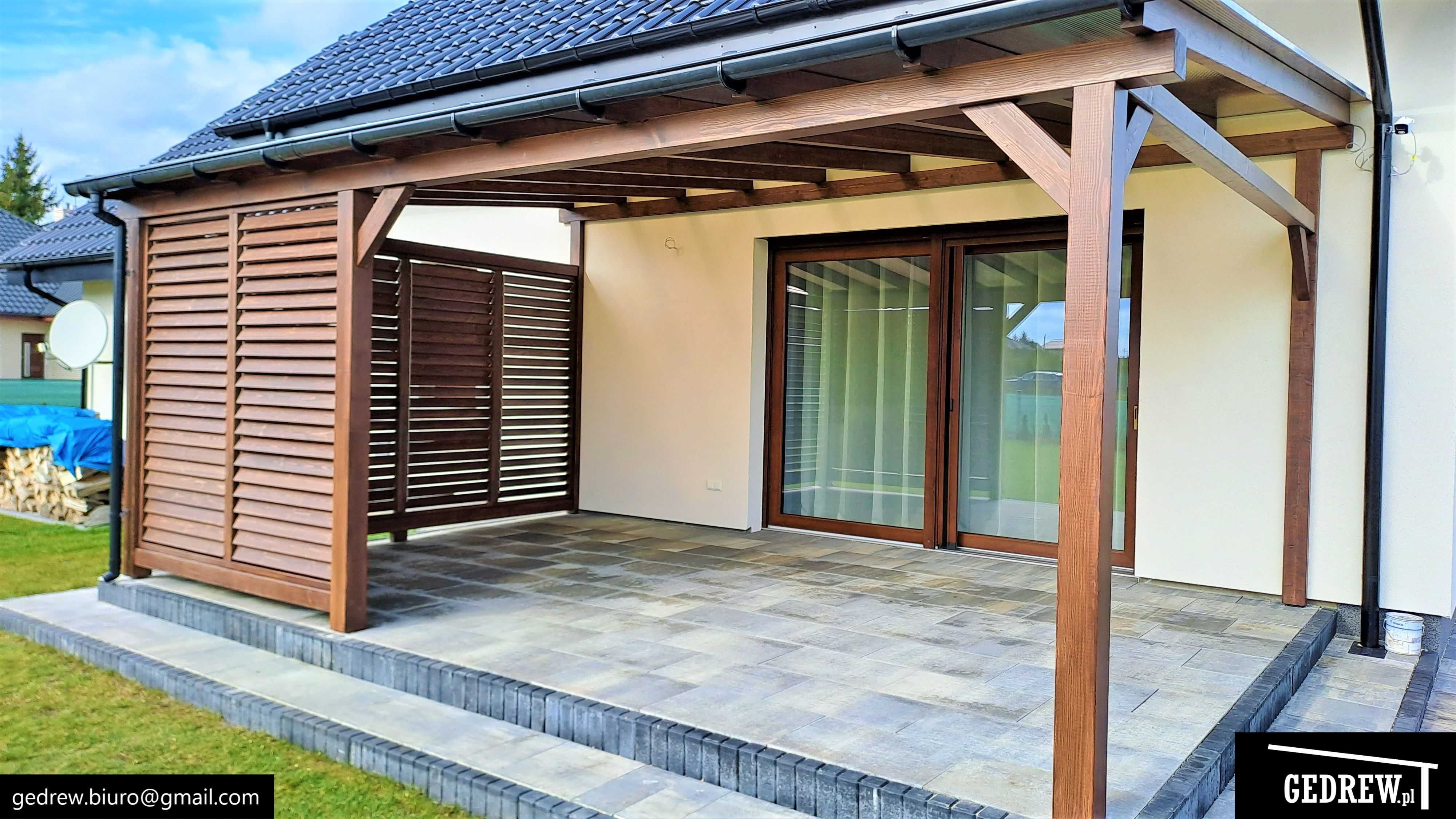 Zadaszenie tarasu pergola przyścienna żaluzje ruchome 7,5x4,4m