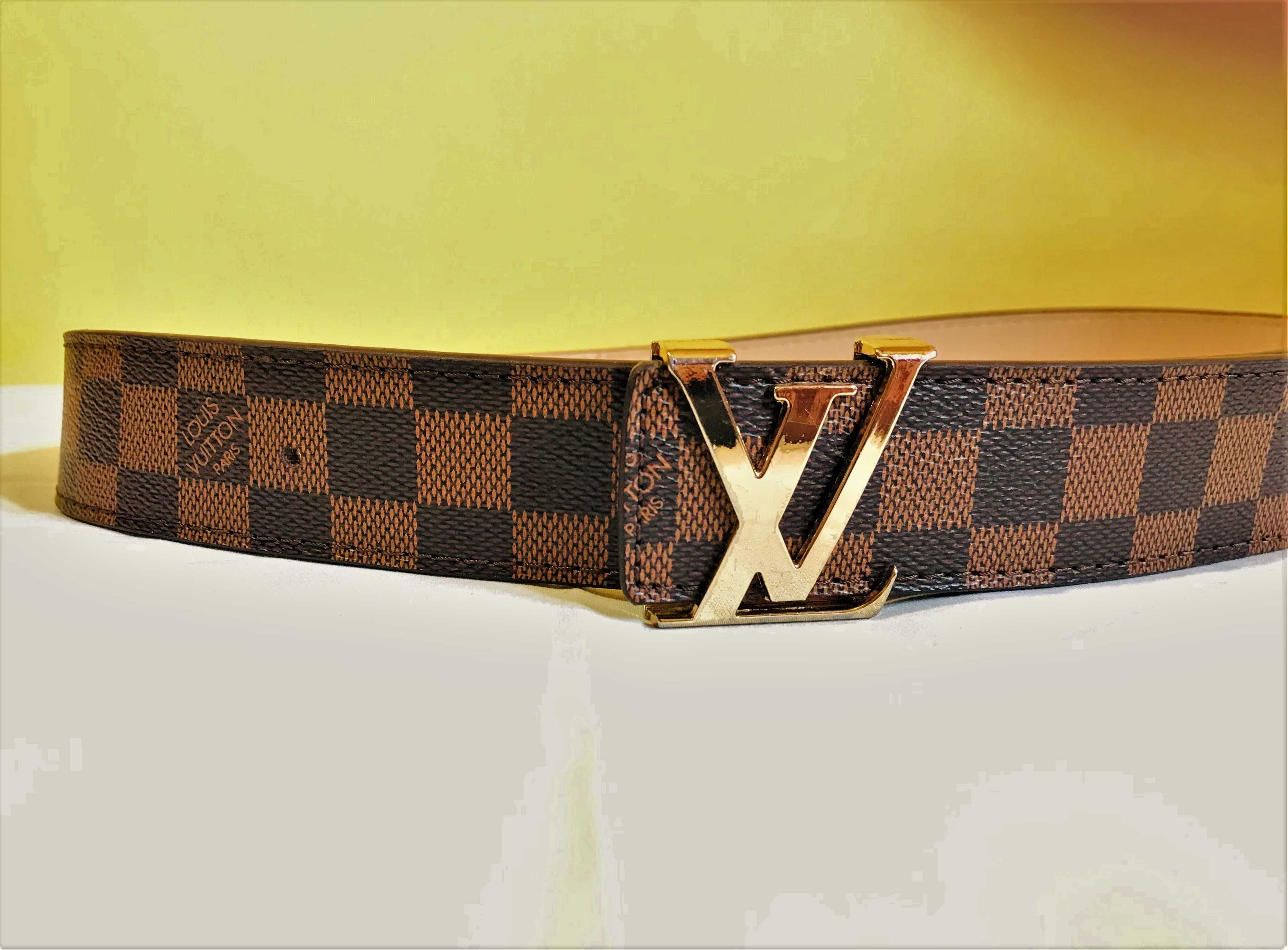 pasek louis vuitton skóra brązowy kratka złota klamra 100 cm