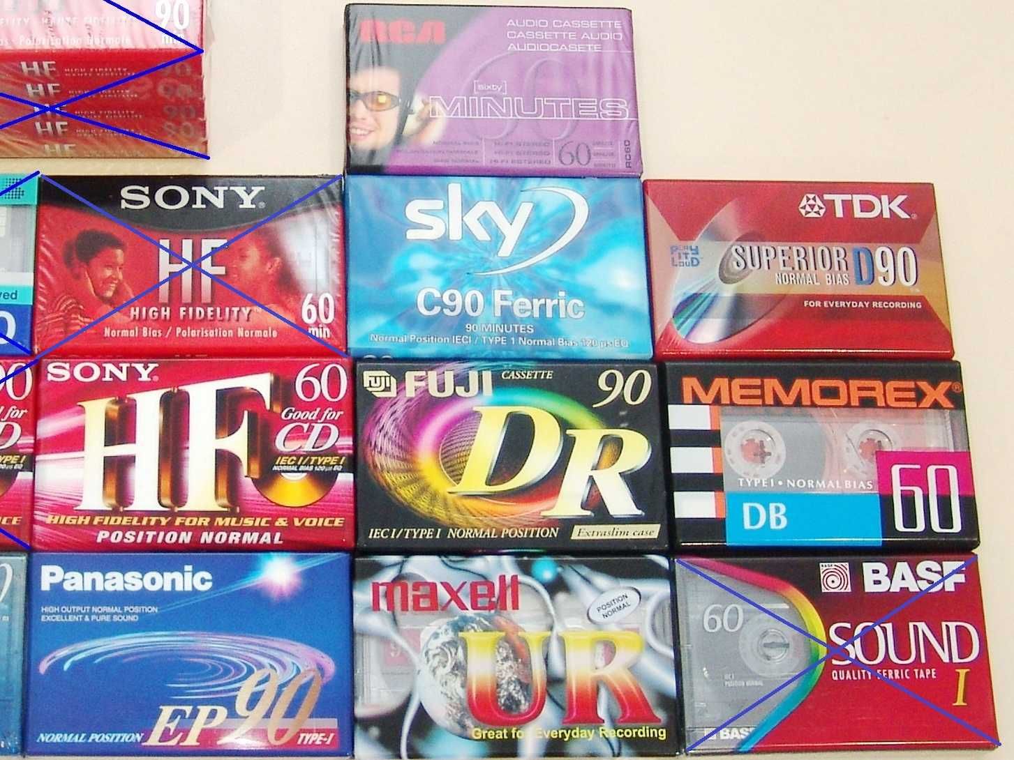 Запечатанные аудиокассеты Sony, Panasonic, RCA, Sky, Fuji, Maxell, TDK