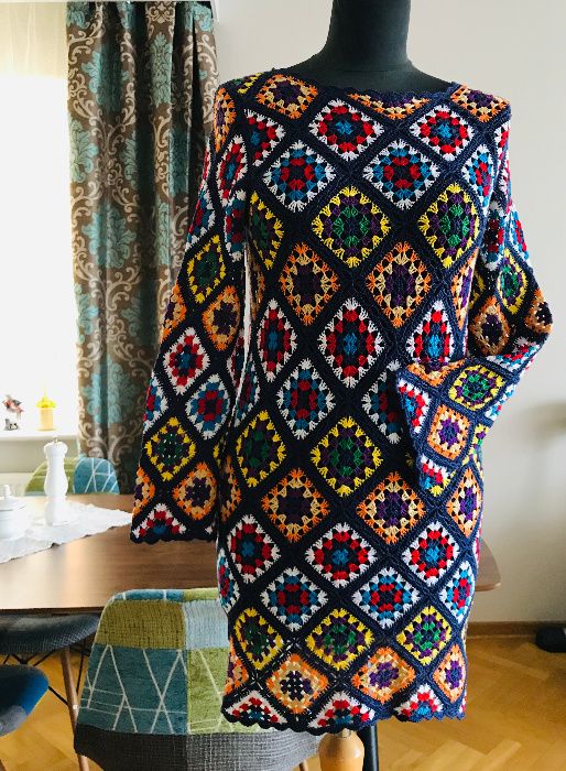 Sukienka/tunika na szydełku kolorowa, ręcznie wykonan