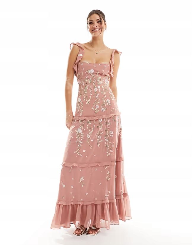 Asos Design 38 M Tall Sukienka Haftowana Maxi Zdobiona J27427