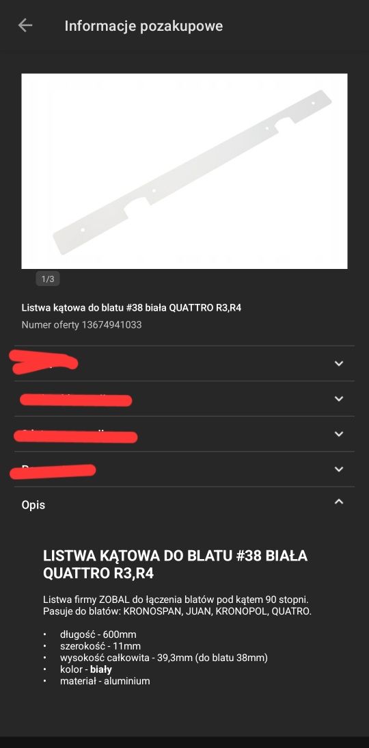 Listwa kątowa do blatu biala QUATTRO