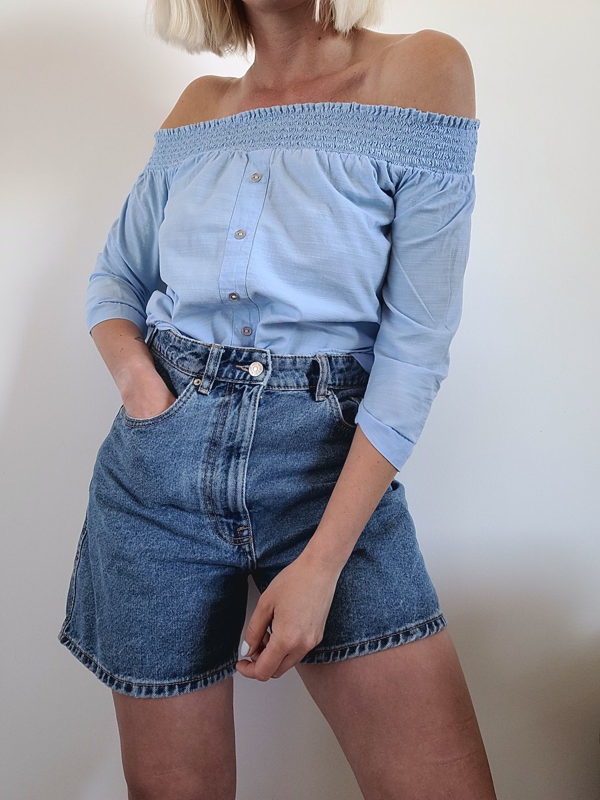 Niebieska koszula oversize boho odkryte ramiona guziki River Island