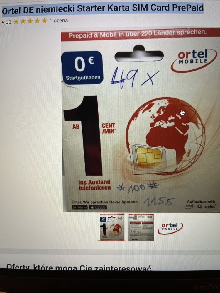 Ortel DE niemiecki +49 Starter Karta SIM Card PrePaid Aktywna + 0.00€