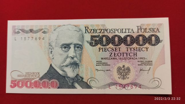 500.000 zł pięćset tysięcy banknot PRL 1993 UNC