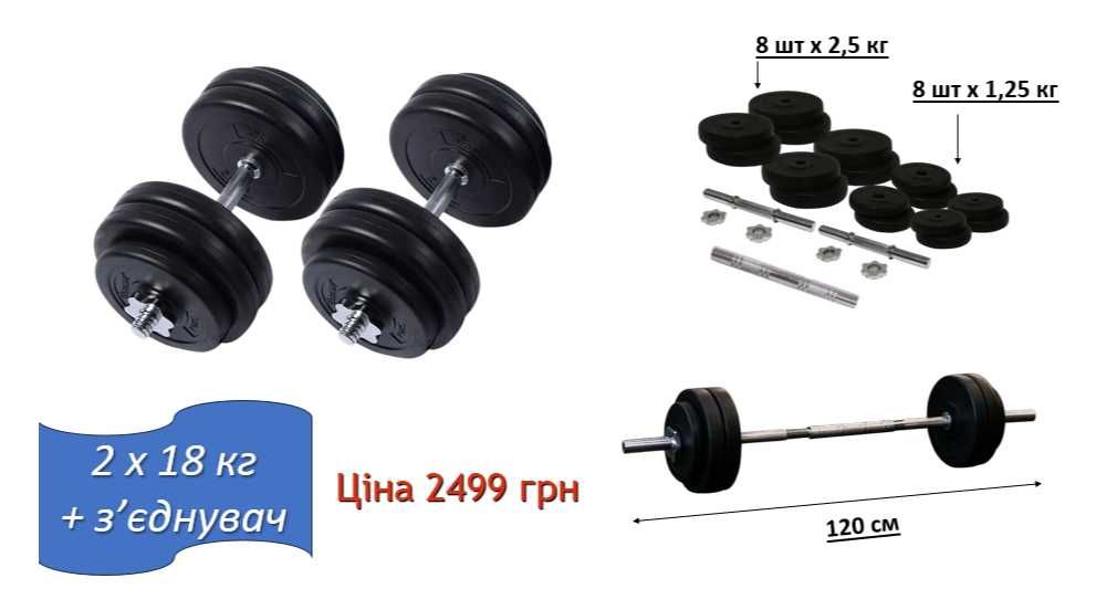 Гантели 2 шт х 23 кг разборные + переходник в штангу Гриф хром гантелі