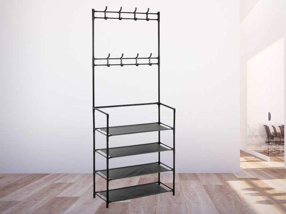 Wieszak Stojak Metalowy Garderoba na Ubrania Haczyki Półki Czarny