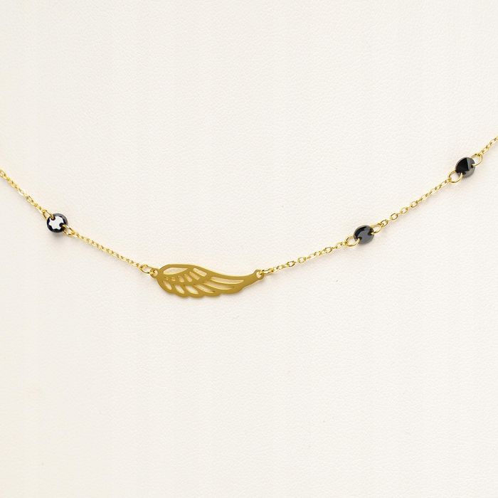 Celebrytka Łańcuszek Skrzydło Czarne Kamienie Złota Stal 601