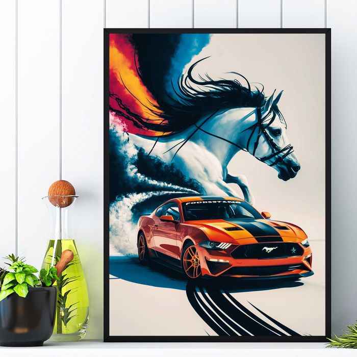 plakat kolaż postać konia mustanga i samochodu ford mustang
