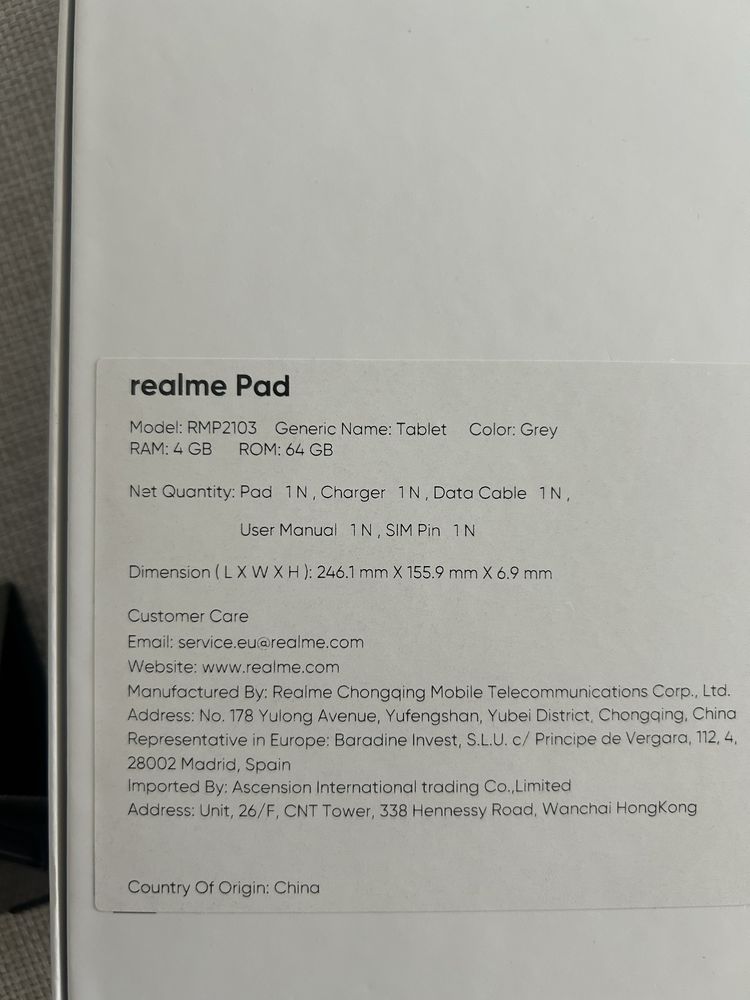 Tablet Realme Pad RMP2103 4/64 GB Szary Gray Box
