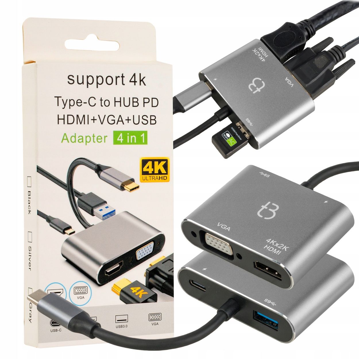 USB хаб Type-C PD, USB 3.0, HDMI, VGA