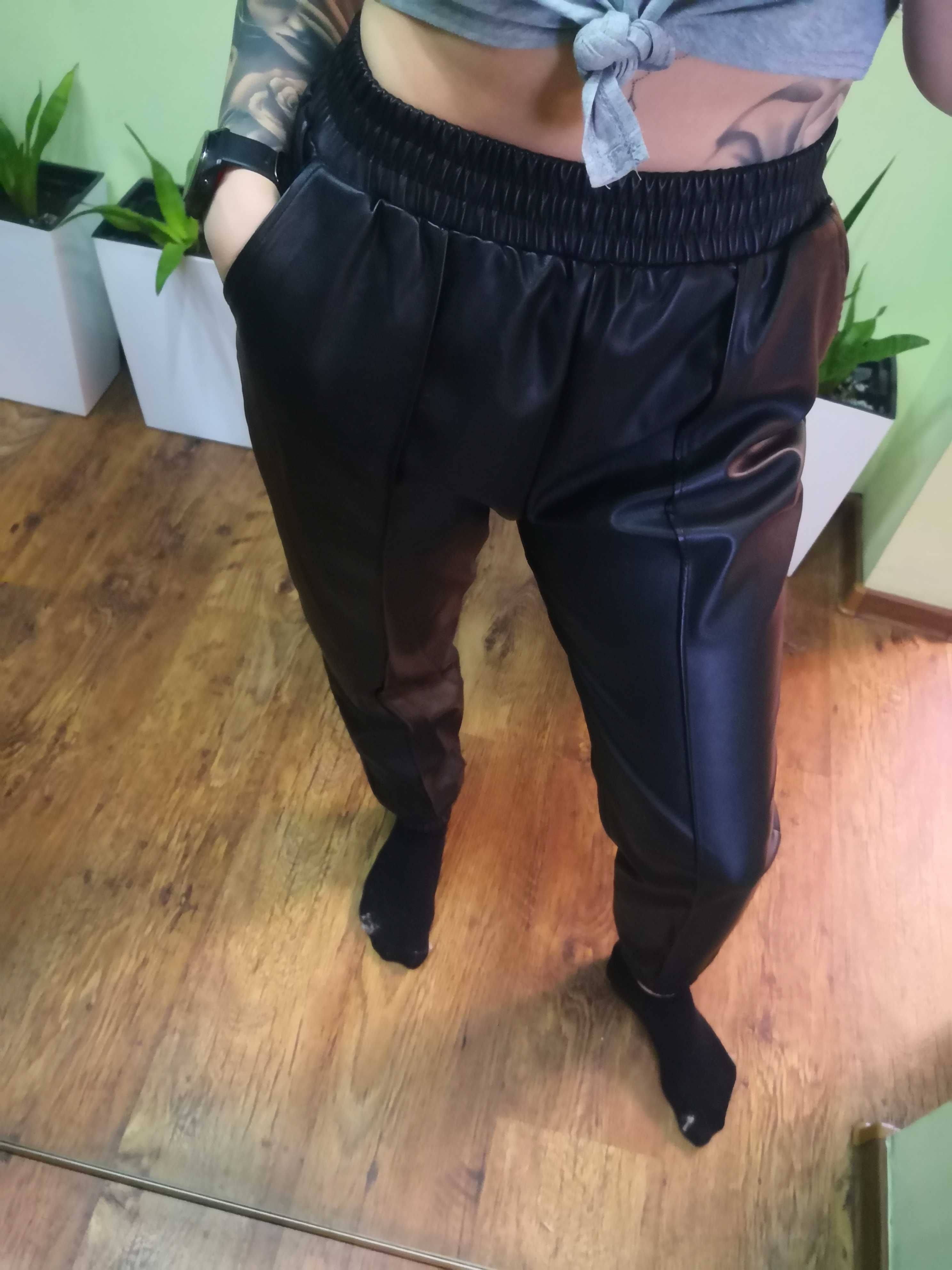 Czarne, skórzane joggery, luźne spodnie, eko skóra, 38, M, rurki
