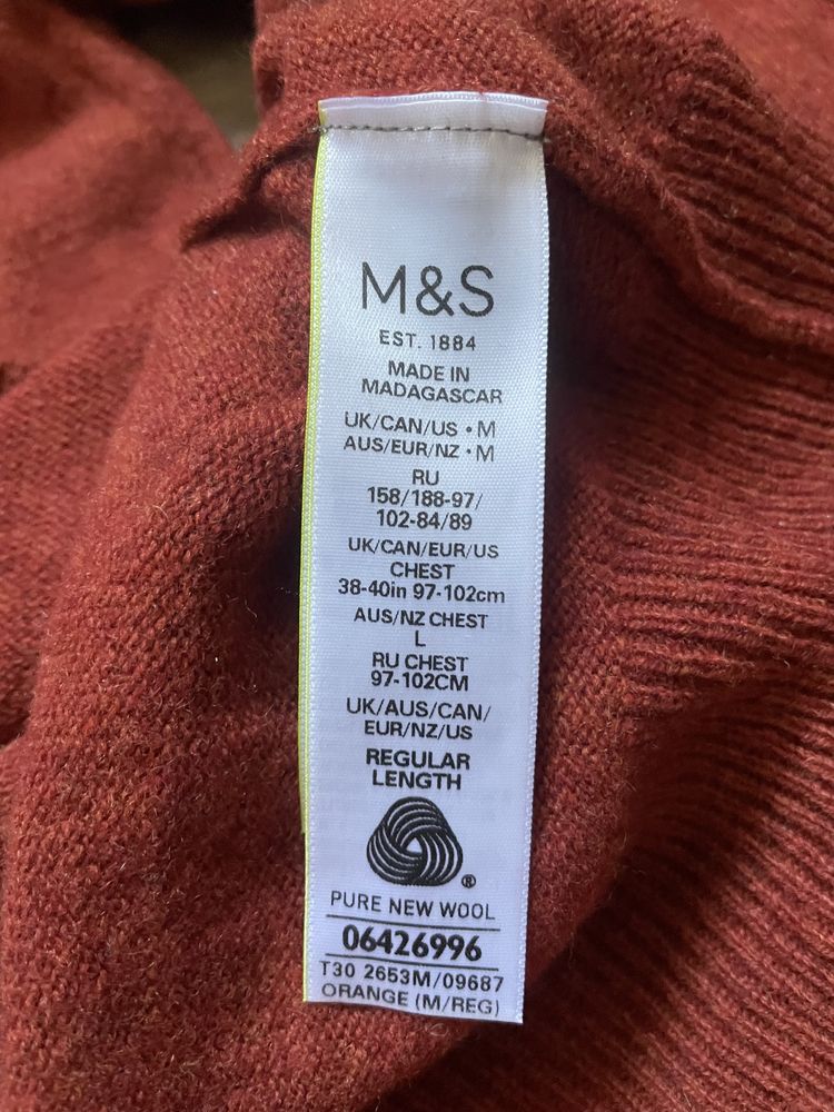 Męski sweter w serek Marks&Spencer M 100% wełna owcza jesień zima