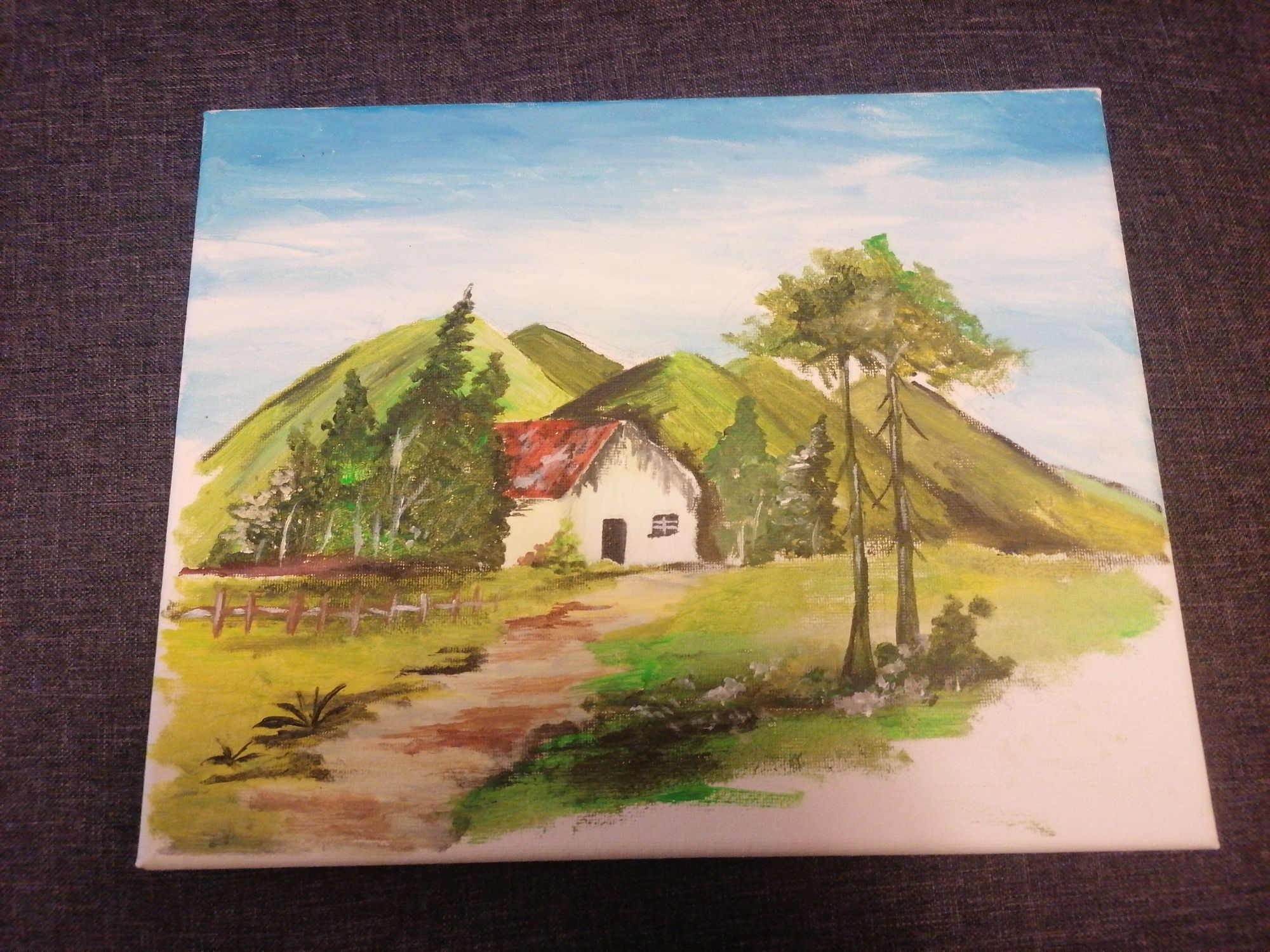 Obraz farbami akrylowymi wioska, góry, domek
