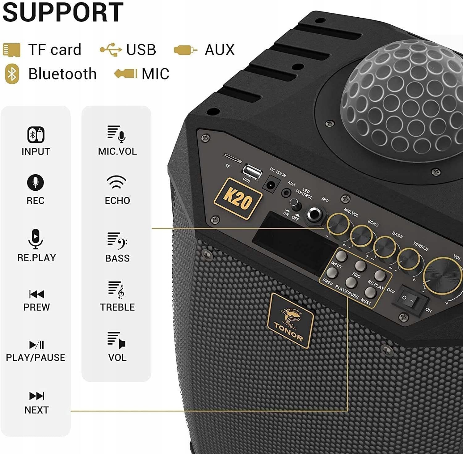 Zestaw karaoke Bluetooth 2 bezprzewodowymi mikrofonami UHF TONOR