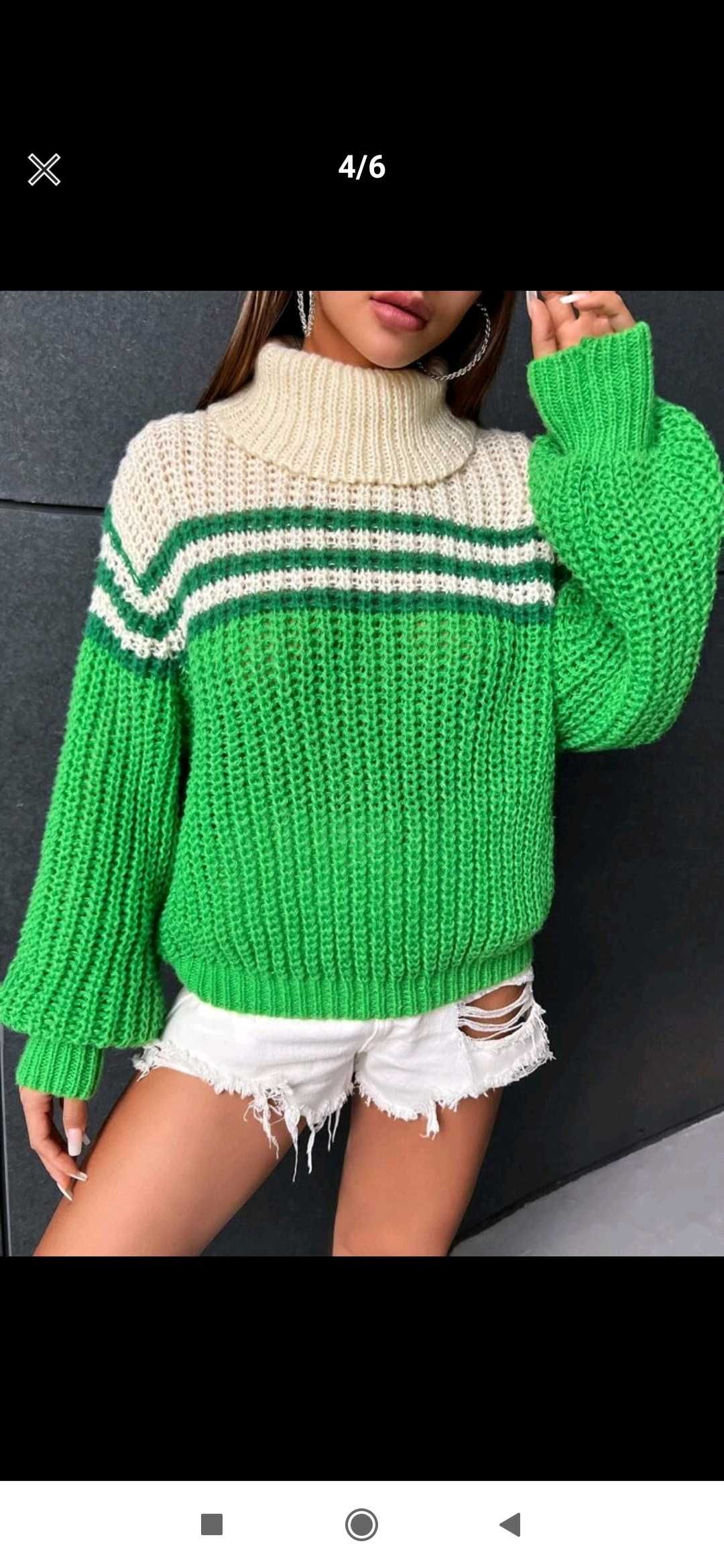 Nowy sweter gruby damski golf oversize zielony modny w paski 36 s