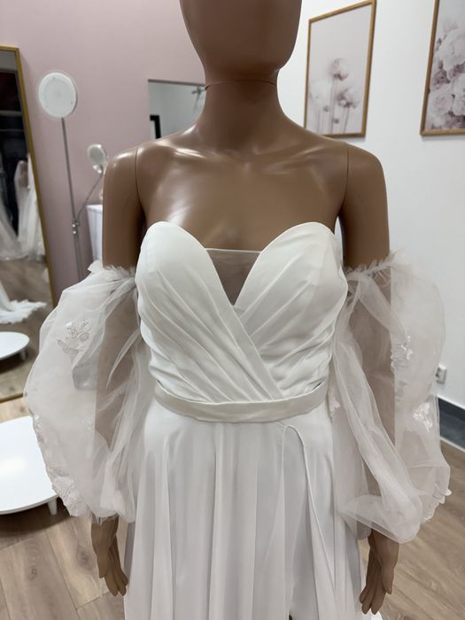 Nowa muślinowa sunia ślubna z gorsetem i bufkami gładka boho 38