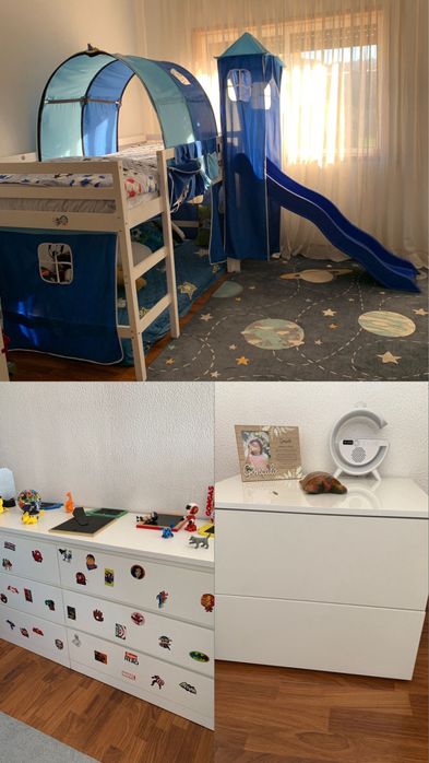 Cama com escorrega, comoda e mesinha cabeceira