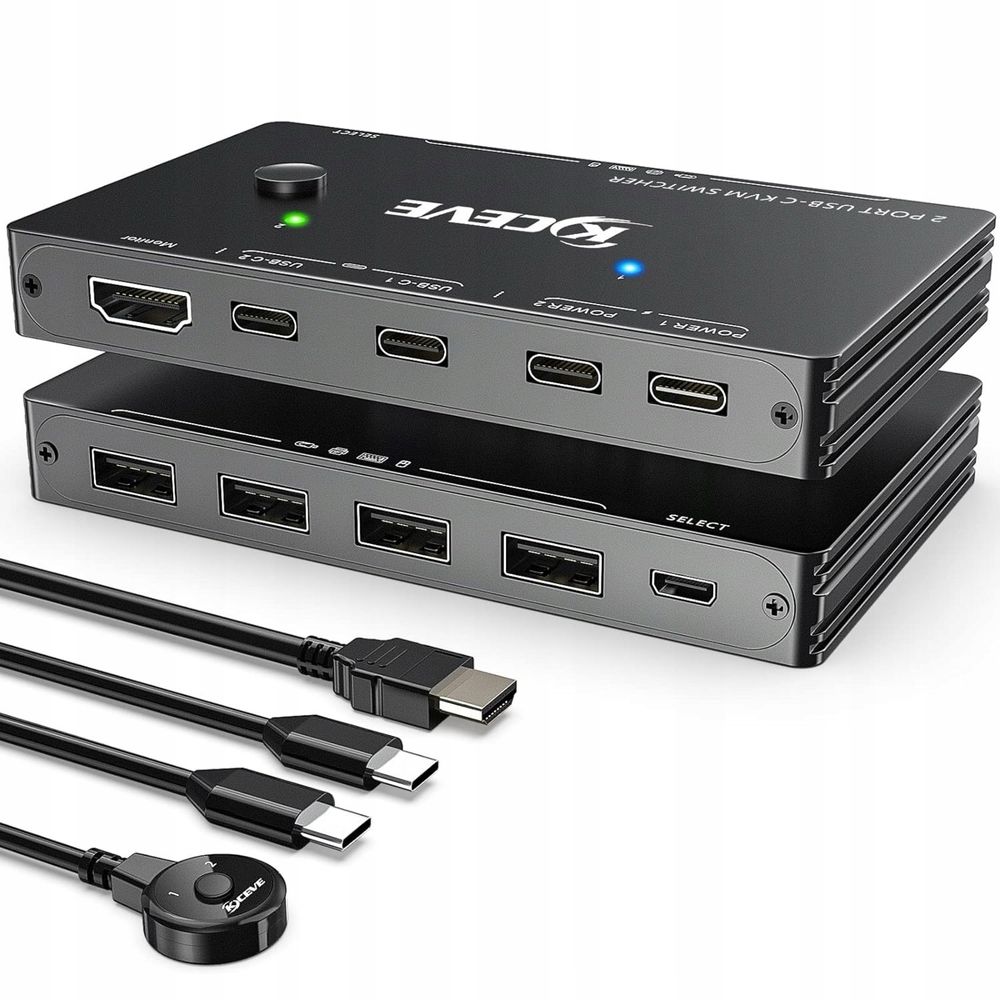 Przełącznik KVM USB-C dla 2 komputerów, KVM typu C KCEVE, obsługa 4K