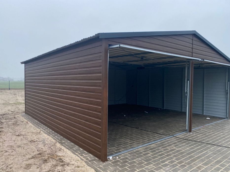 Garaż blaszany 6x5.8, drewnopodobny, orzech, amtracyt. PRODUCENT.