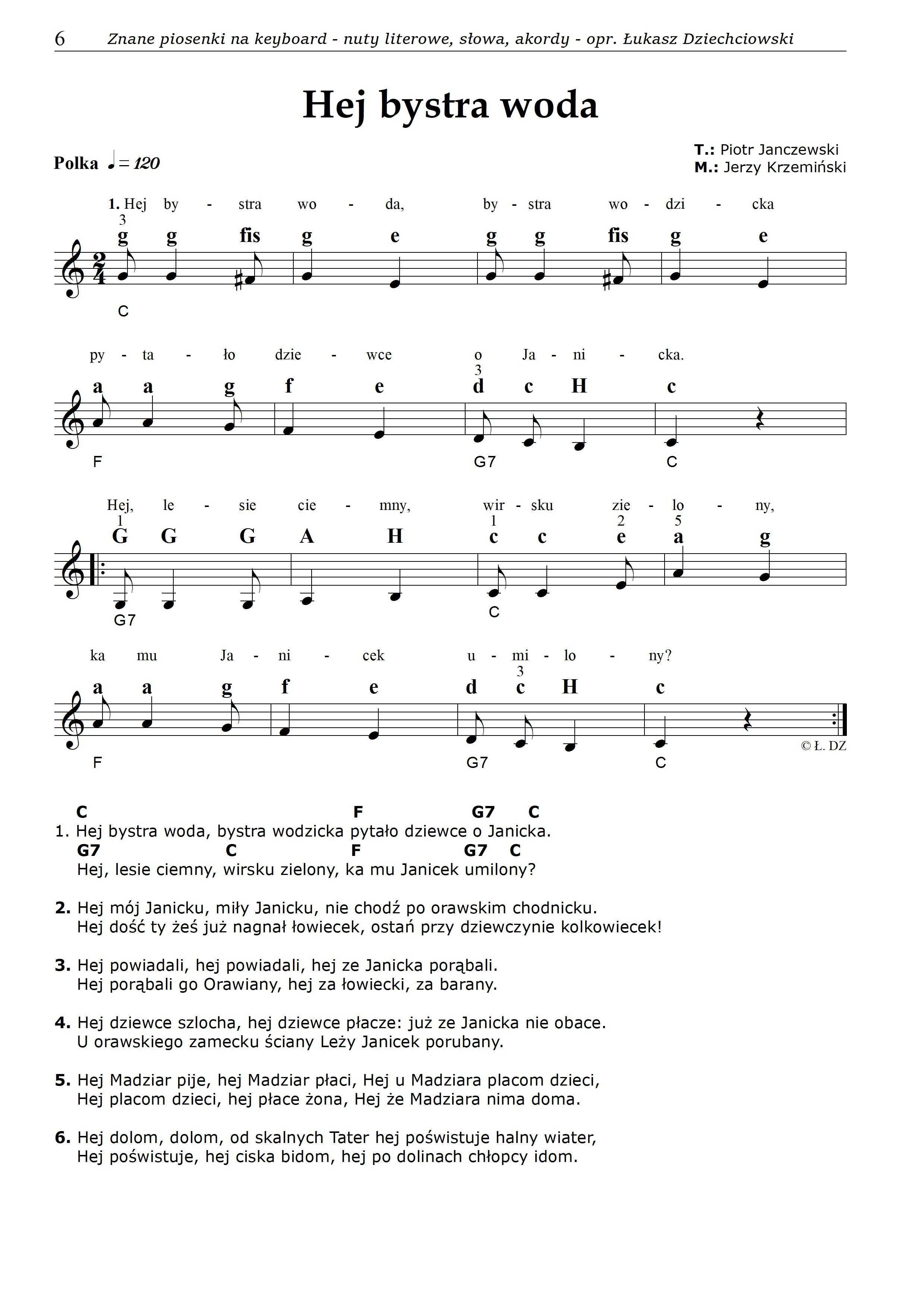 Nuty literowe znane piosenki - keyboard, akordy, słowa, 31 piosenek