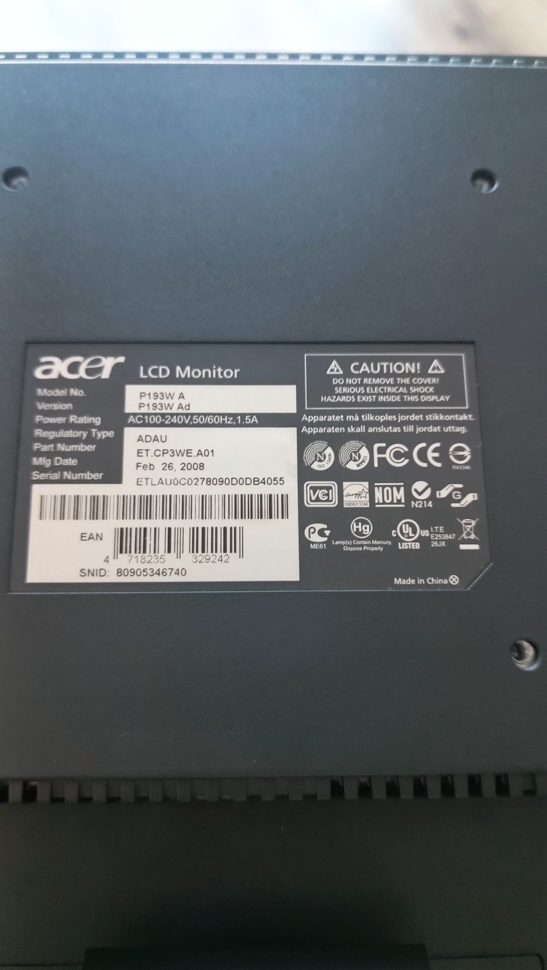 Монітор Acer P193W | 19" | VGA, DVI
