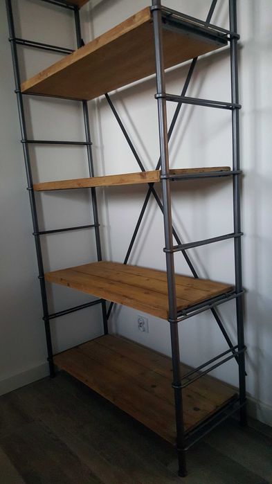 regał industrialny, biblioteczka, vintage, metal, drewno