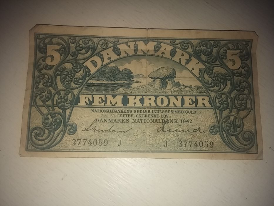 fem kroner denmark banknot z 1942r.