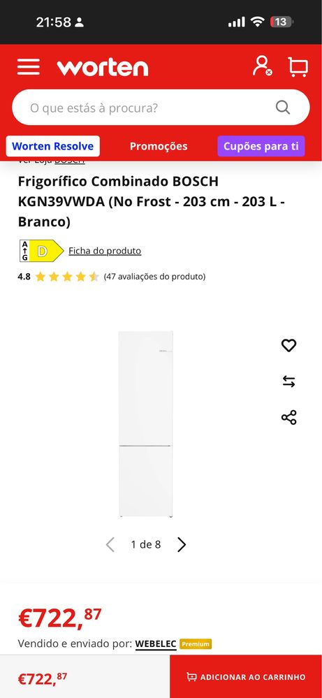 Frigorífico Combinado BOSCH KGN39VWDA (No Frost - 203 cm - 203 L