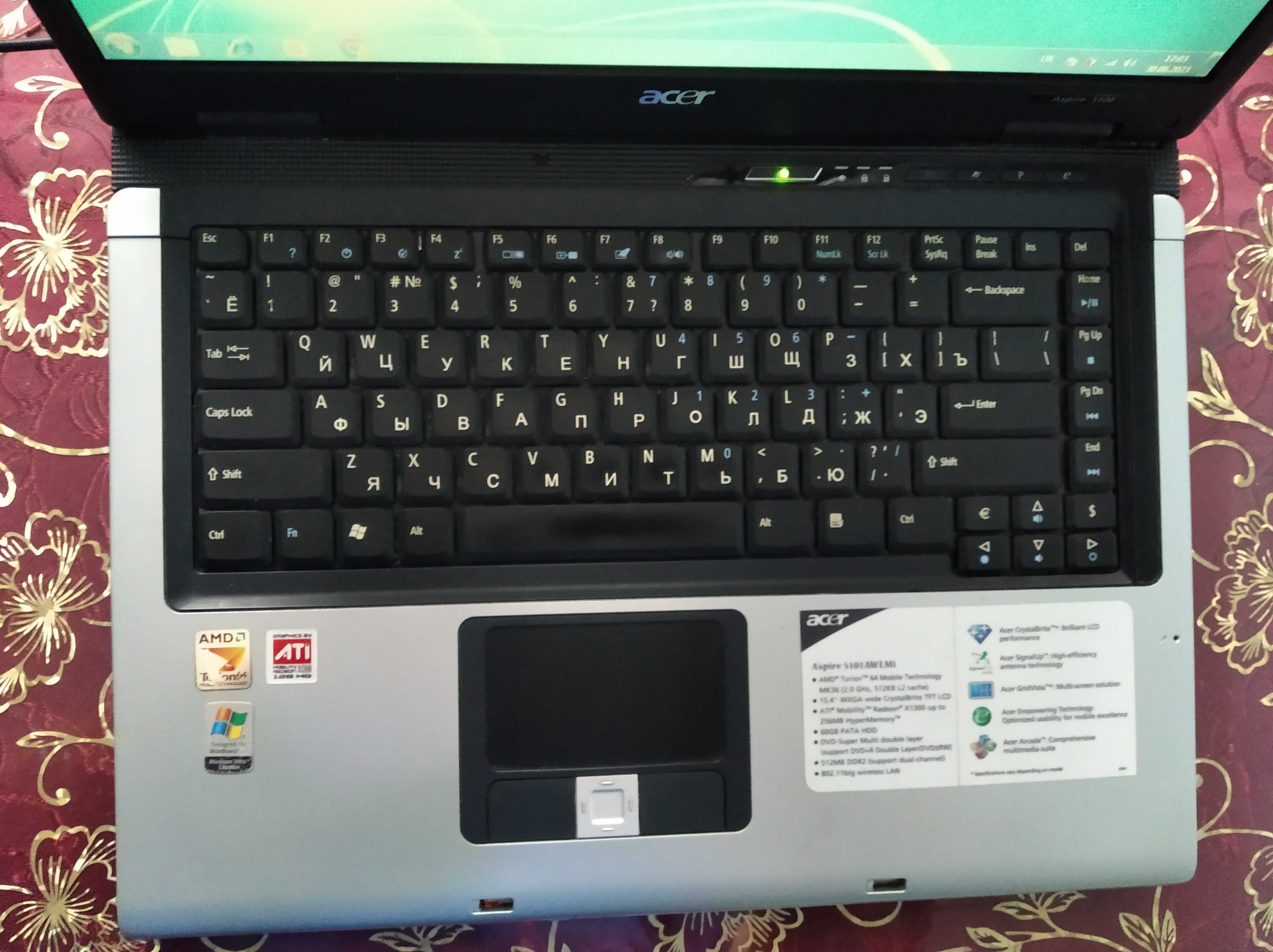 Продам рабочий ноутбук Acer Aspire 5100