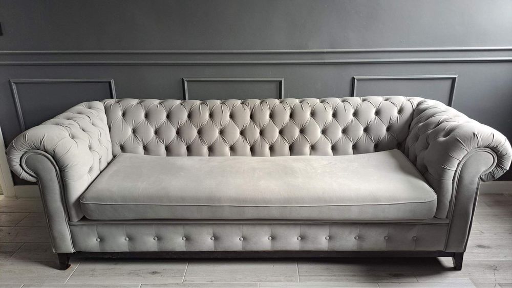 Sofa trzyosobowa Chesterfield Grand pikowana glamour szara 230cm