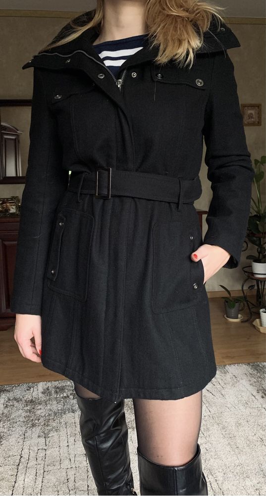 Wełniany czarny płaszcz kurtka Steilmann M L wool coat
