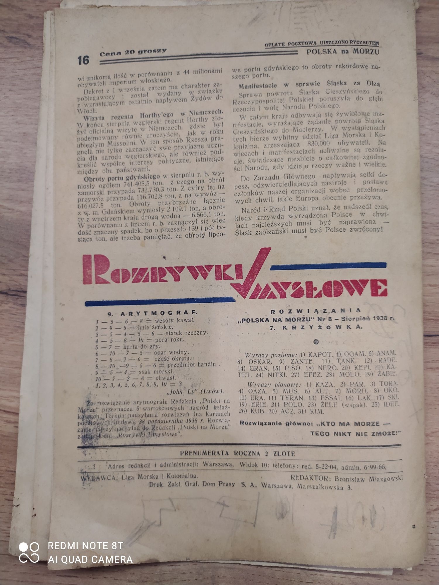 Stara gazeta 1938 rok. Polska Na Morzu. Starocie. Przedwojenne.