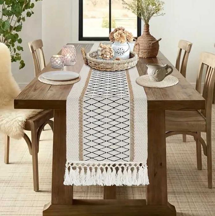 Bieżnik boho w kratkę, obrus 180x30 – kratka z frędzlami