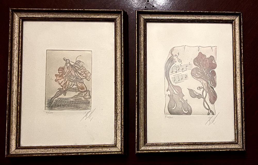 Dwie muzyczne, przecudne akwaforty - Hugo U. Meyer. Sygnowane