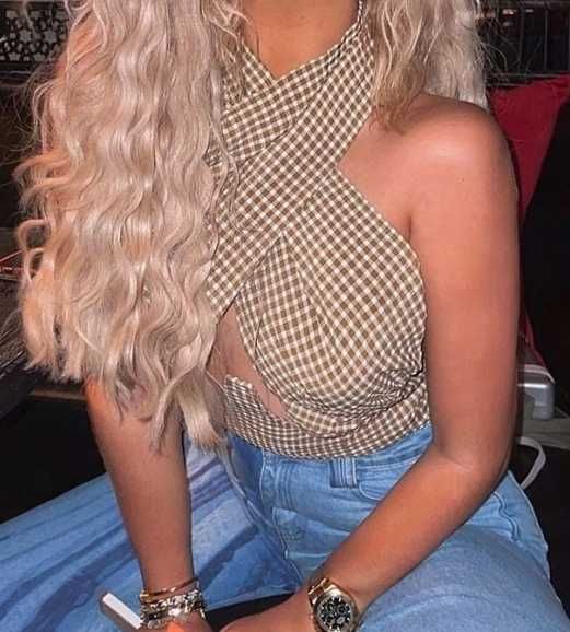 PrettyLittleThing, krotki top w kratkę, krzyżowany na piersiach XS